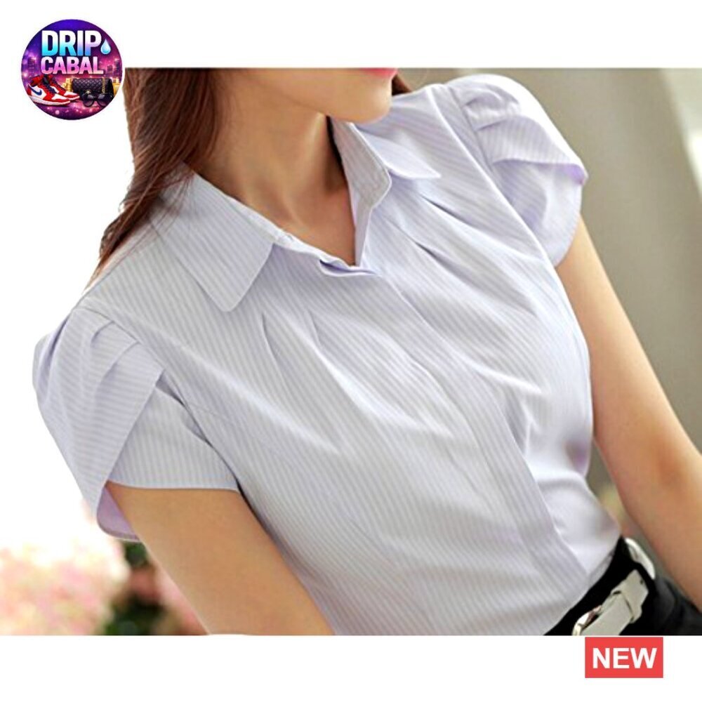 Cotton Collared Business Casual Button Down Blouse Tulip Sleeve Shirt - Picture 5 of 5